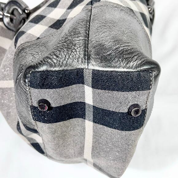 Burberry Super Nova Shimmer Check Tote Bag Canvas Leather Trim Open Top Pockets - Picture 13 of 16